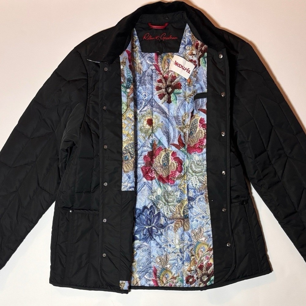Robert Graham Mens Black Quilted Barn Jacket‎ XXL Corduroy Collar Floral Lining